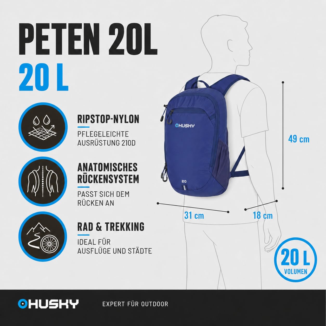 Husky Fahrradrucksack 20L – Leichter, Robuster & Wasserdichter Outdoor-Rucksack mit Viel Stauraum, Komfortsystem & Regenhülle für Radfahren, Trekking, Wandern & Reisen (Peten, Blau)
