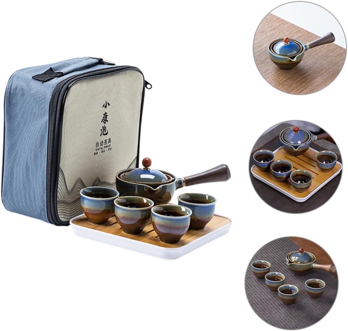 Portable Ceramic Gongfu Tea Set with Teapot and Four Cups, Military Green Travel Tea Set Kit with Carrying Bag for Outdoor and Travel Use