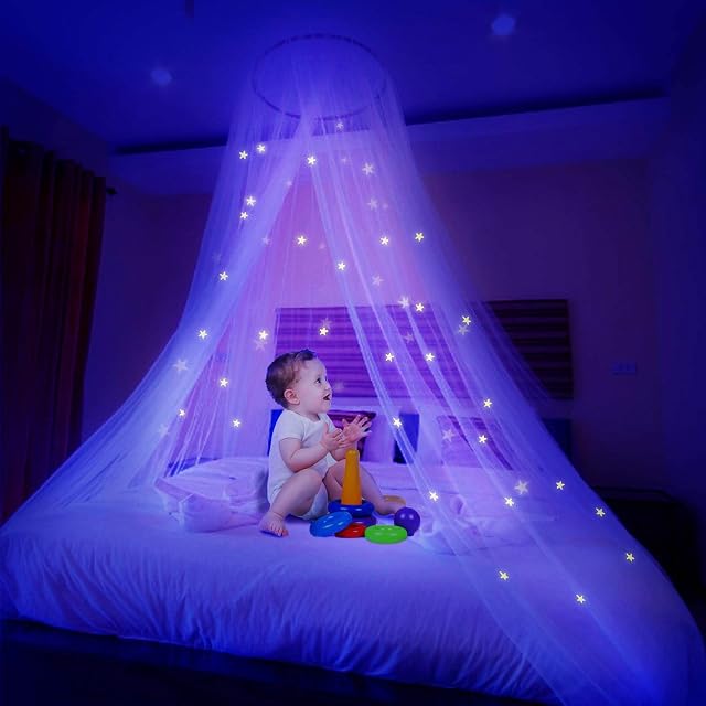 Ciaoed Mosquito Net for Bed with Luminous Stars Glow Bed Canopy Dome Anti-Mosquito Hanging Bed Net for Single, Baby, Kids, Girls Or Adults' Bed Camping Interior Decoration