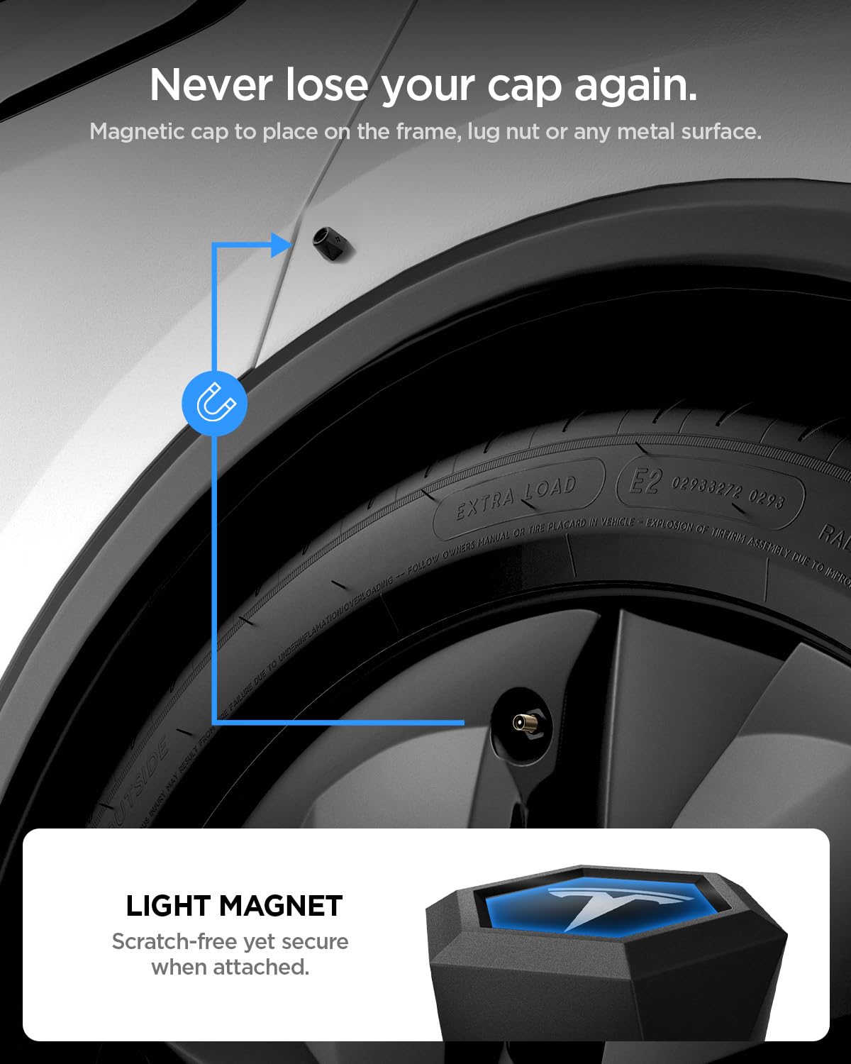 Spigen Pack de 4 Bouchons de Valve de Pneu Magnétiques pour Tesla Model 3/Y/X/S avec TPU, Anti-Rayures, Capuchons de Tige de Valve d'air Conçus pour Accessoires Tesla - Argent