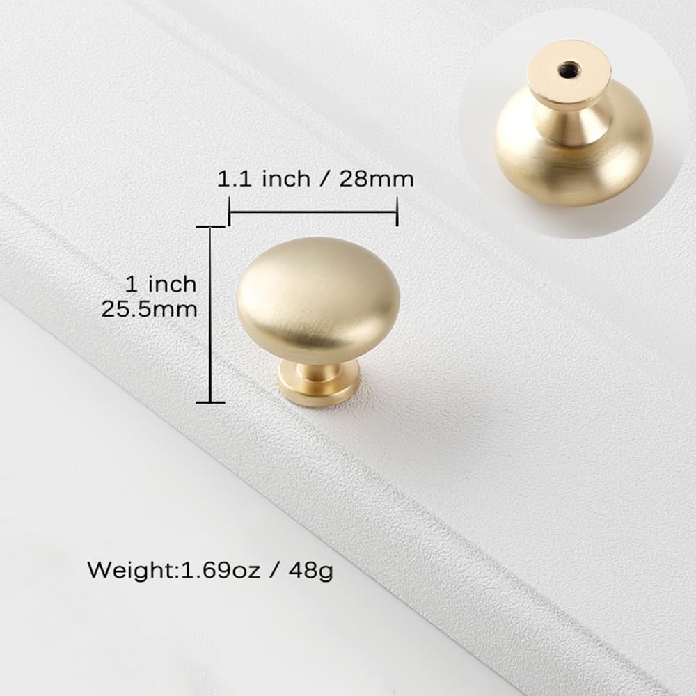 8 Pack Gold Cabinet Knobs 1.1" Brushed Gold Drawer Knobs Zinc Alloy Single Hole Pulls for Dresser 28mm Round Cupboard Handles for Kitchen Wardrobe Cabinet Bathroom Hardware