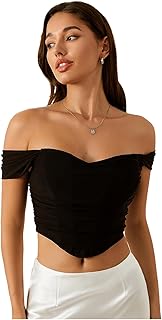 Women's Off Shoulder Short Sleeve Asymmetrical Hem Ruched Corset Crop Top