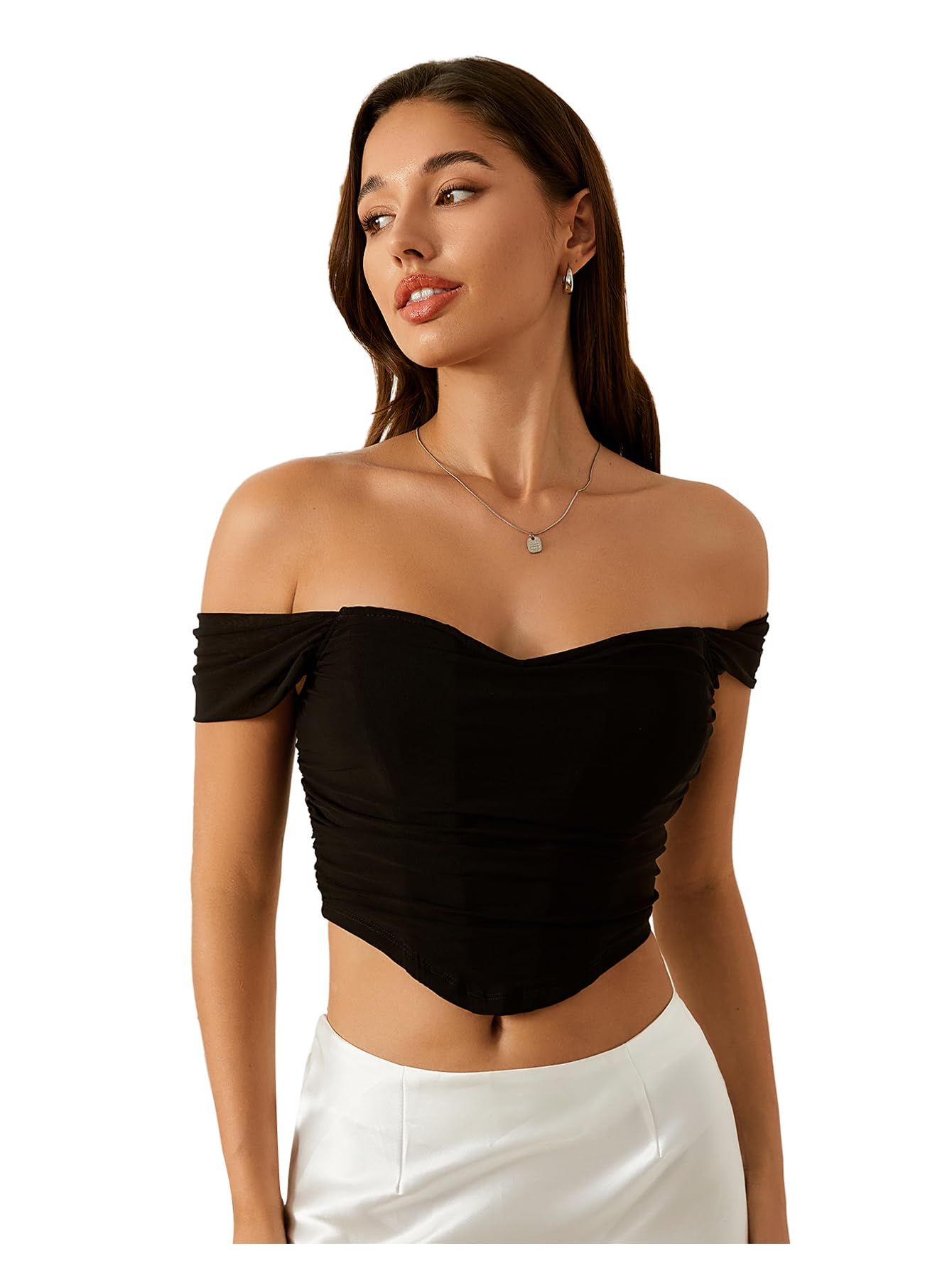Floerns Women's Off Shoulder Short Sleeve Asymmetrical Hem Ruched Corset Crop Top