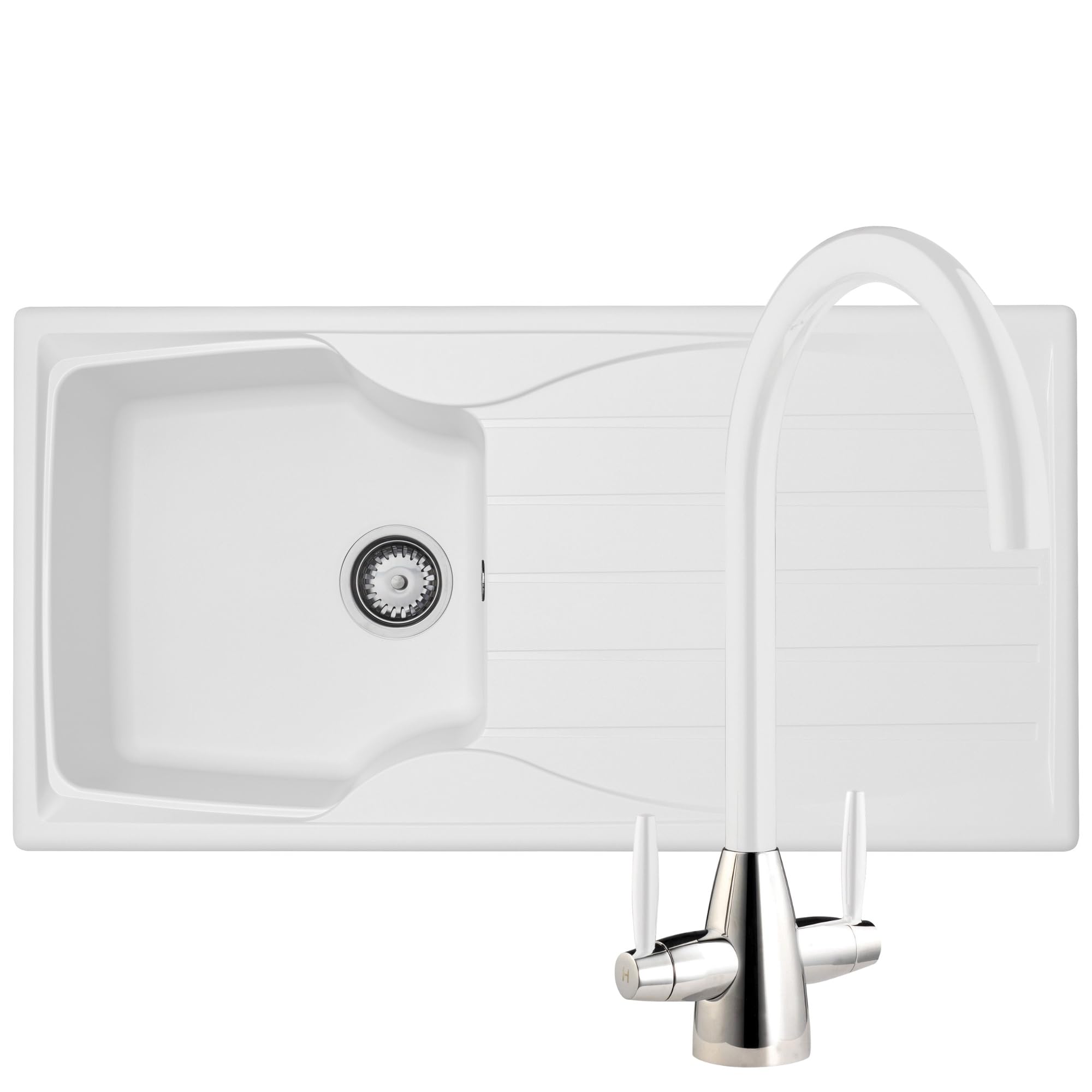 Liquida White Cmp15wh 1.5 Bowl Kitchen Sink With Lc02wh Mixer Tap
