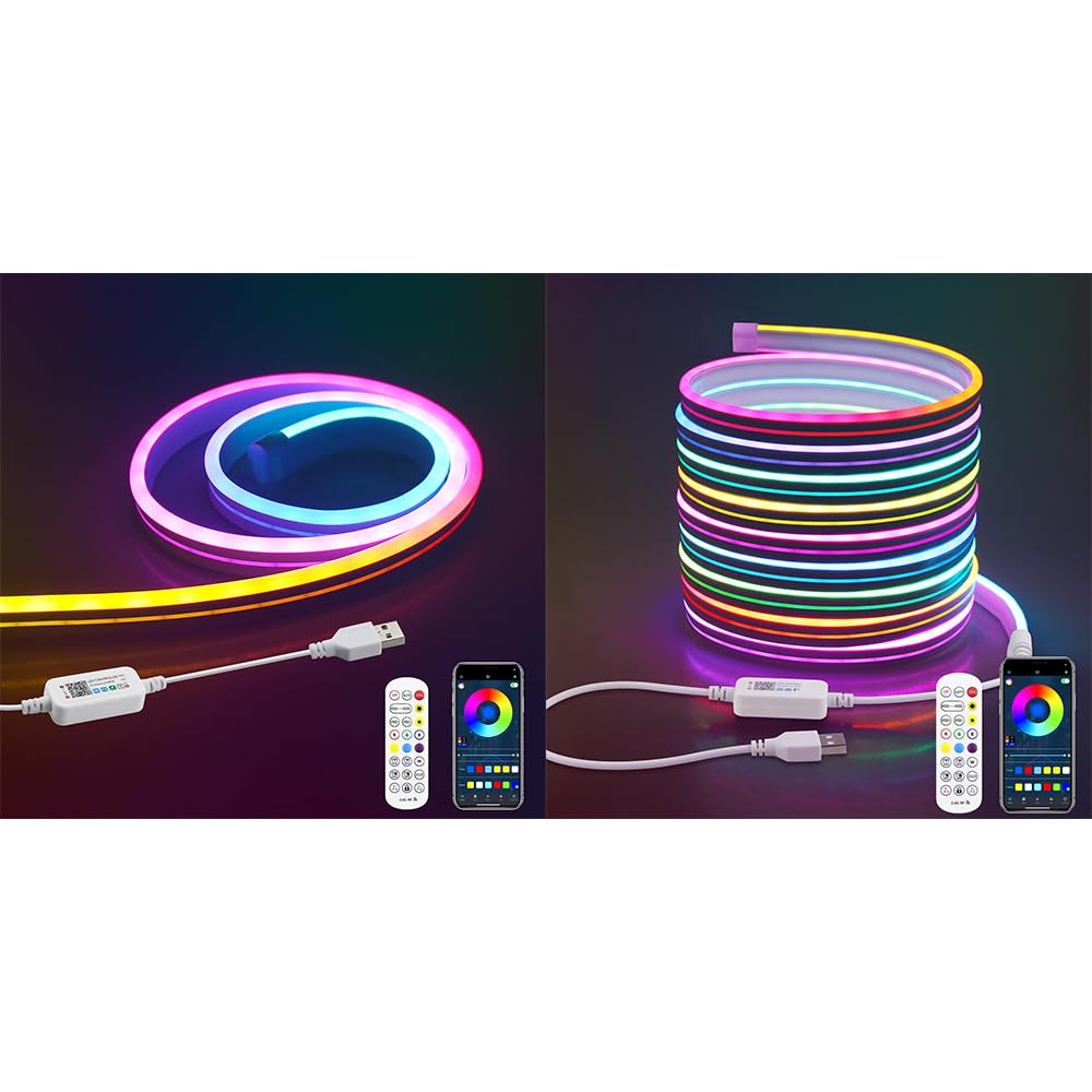Aclorol Neon LED Streifen 1M USB 5V IP65 5M RGB LED Streifen mit USB Anschluss Addressable Musik Sync Dimmbar Neon Rope Light mit App-Steuerung Wasserdicht für Gaming Zimmer Wohnzimmer