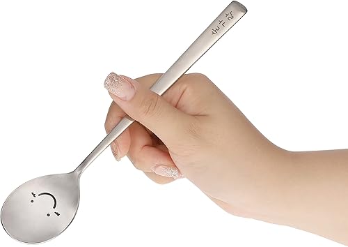 Miniatura 5 de Juego de palillos y cucharas coreanos, mango largo, reutilizable, acero inoxidable, ideal para regalo, cara feliz y personajes hangul grabados,