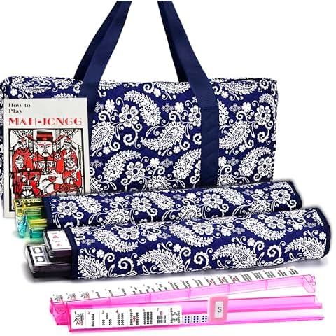 Mose Cafolo American Mahjong Game Set, Blue Paisley Carrying Bag,166 Premium White Tiles,4 All-in-One Color Rack/Pushers,100 Chips,1 Wind Indicator, Complete Mah Jong Tiles Set, Mah Jongg Set Cover