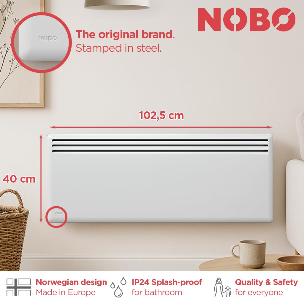 Radiador eléctrico Nobø NFK4N bajo consumo 1500W blanco, convector eléctrico pared con termostato inteligente NCU-2Te, radiador wifi con temporizador, IP24, programas semanales, protección antihielo