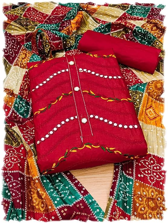 Cotton Multi Color Embroidery Work Unstitched Dress Material For Women With Bandhani Dupatta-image-25