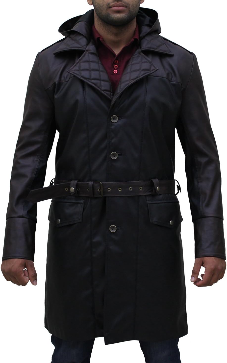 Men Assassin’s Creed Jacob Frye Syndicate Belted Black Faux Leather Trench Coat | Assassin Coat, XXS-3XL