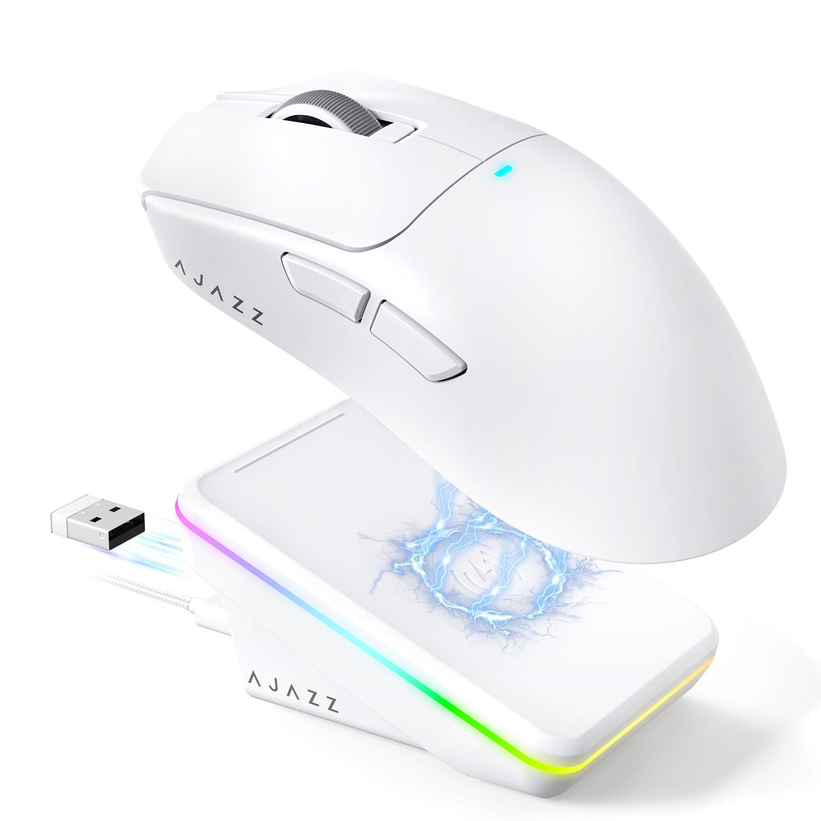 A.JAZZ AJ200P Mouse da Gioco Wireless con Prompt AI & Base di Ricarica RGB | Tri-Mode BT/2.4G/Cablato Leggero con Digitazione Vocale AI, Sensore PAW3311, 24K DPI, 1000Hz per Ufficio/Gaming - Bianco