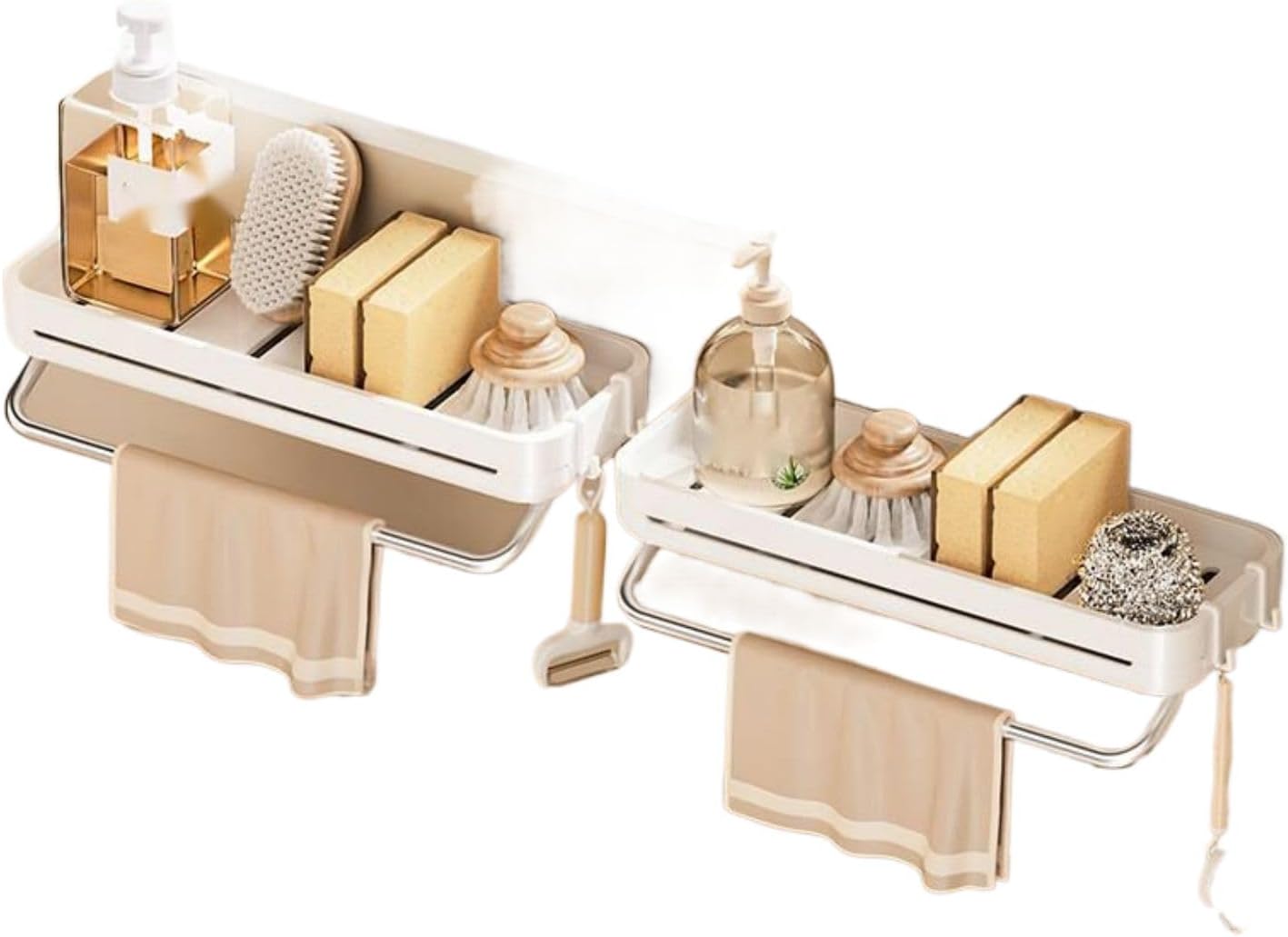 厨房水槽 Under Sink Organizer and Storage,抹布架免打孔置物架 Under Sink Storage for Kitchen Bathroom Cabinet,沥水架家用水池洗碗丝球收纳架 Multifunctional Storage Shelves for Kitchen Living Room Office,-升级款-带毛巾杆加厚ABS材质2个装【送4个挂钩】