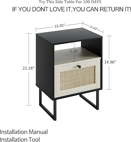 Miniatura 90 de Masupu Mesita de noche de ratán con estación de carga, moderna mesita de noche de madera bohemia con cajón de almacenamiento y estante abierto, mesa
