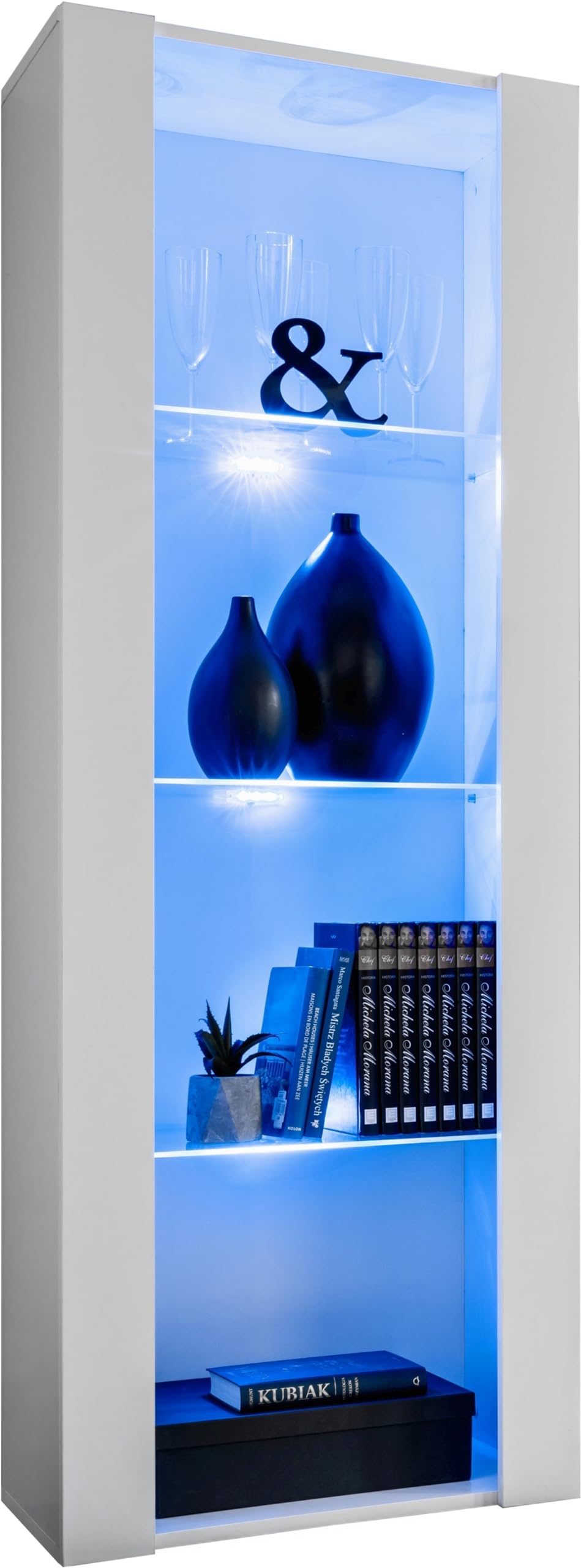 Komodee, Vetrina Tivoli, Bianco, Larghezza 55 cm x Altezza 159 cm x Profondità 35 cm, LED BLU, 3 ripiani, Per soggiorno, Camera da letto, anticamera