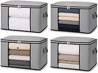Kit 4 Caixas Organizadoras Dobráveis Reforçadas para Roupas, Edredons e Cobertores – Grande Capacidade, Estrutura Resistente, Com Visor Frontal e Alças – Ideal para Guarda-Roupa e Organização