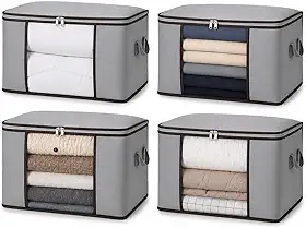 Kit 4 Caixas Organizadoras Dobráveis Reforçadas para Roupas, Edredons e Cobertores – Grande Capacidade, Estrutura Resistente, Com Visor Frontal e Alças – Ideal para Guarda-Roupa e Organização