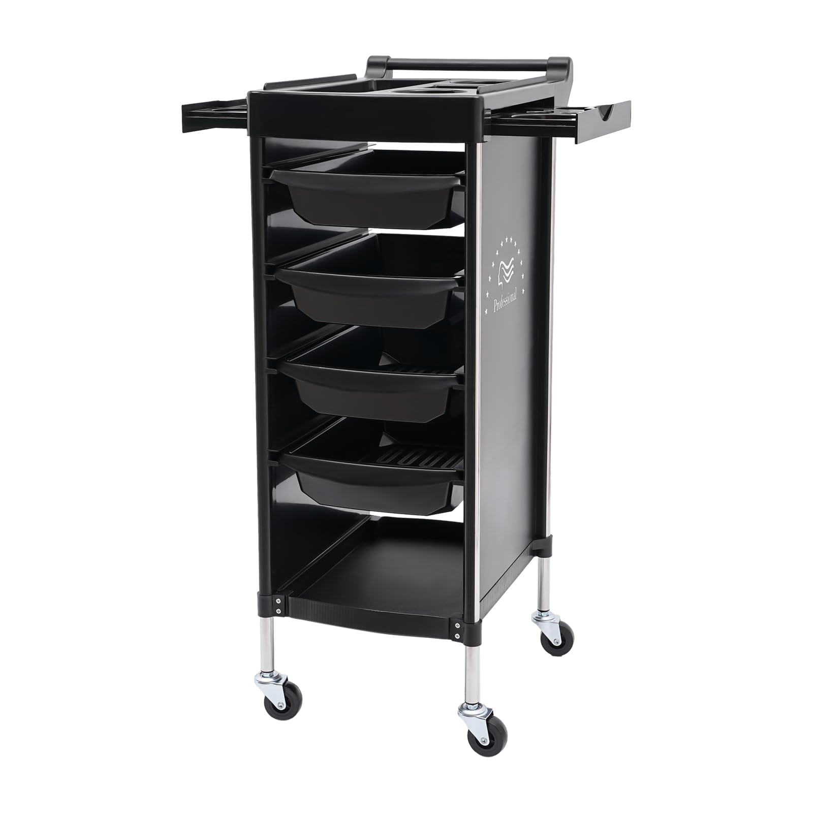 Friseurwagen mit 6 Stufen und Rollen, Friseurregal aus PP und Edelstahl - 50kg Traglast - Perfekt für Friseursalons und Schönheitssalons (Schwarz)