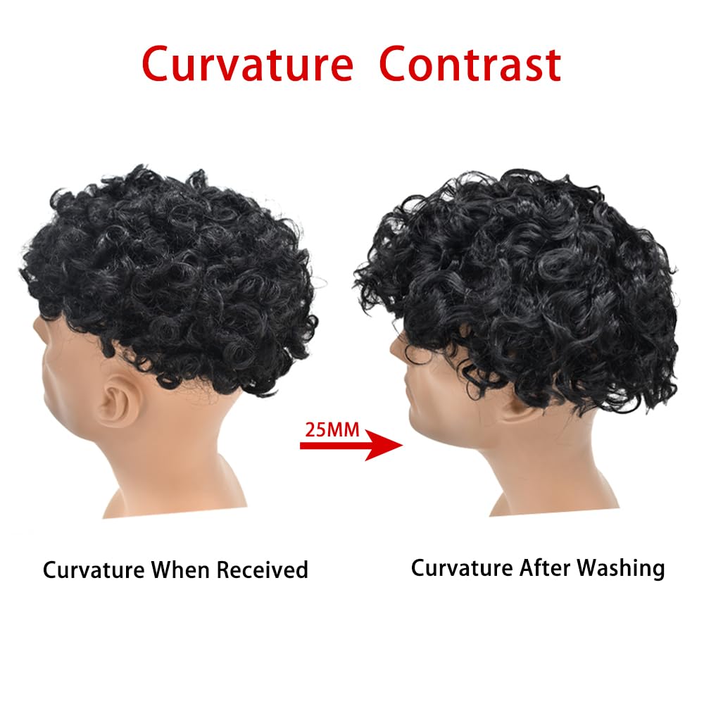 25MM Curly Toupee Durable Full Poly Skin Curl Toupee for Men Human Hair Replacement System Mens Hairpieces and Toupees Capillary Prosthesis (1B# OFF BLACK, 8 * 10-25 MM Wave)