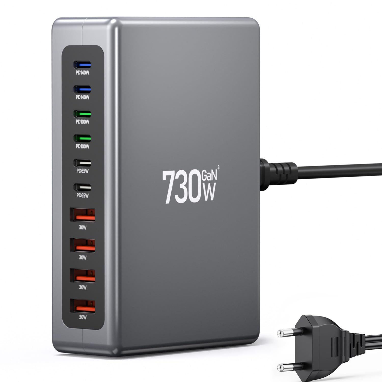 GaN - Caricatore USB C multiplo, 730 W, 10 porte, per laptop, telefoni cellulari, tablet, stazione di ricarica rapida con 6 porte USB C + 4 porte USB A, alimentatore PD
