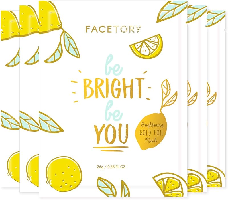Máscara facial FACETORY Be Bright Be You com folha metalizada dourada, Pacote com 5