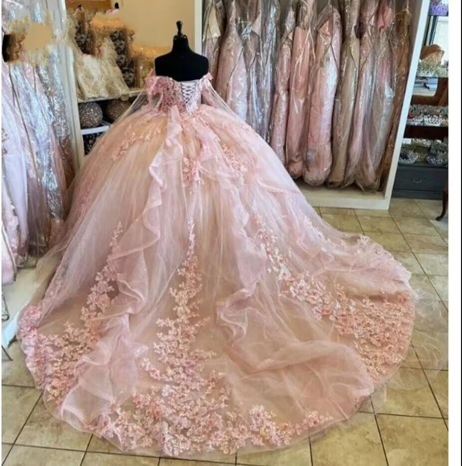 Bling Floral Flower Applique Quinceanera Dresses with Sleeve Off The Shoulder Ball Gowns Puffy 20252
