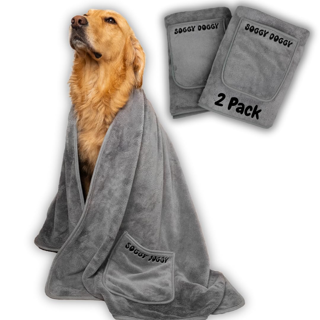 SOGGYDOGGY: Lot de 2 grandes serviettes de luxe super absorbantes pour chien - Séchage rapide en quelques minutes, plus épaisses que la plupart des autres - Pour le bain, le toilettage, les voyages
