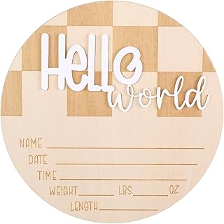 Baby Announcement Sign, 5.9 Inch Wooden Hello World Newborn Sign, Baby Birth Stats Signs, Babies Shower Hospital Nursery for Newborn Boys and Girls, Newborns Name Signs Plaques for Photo