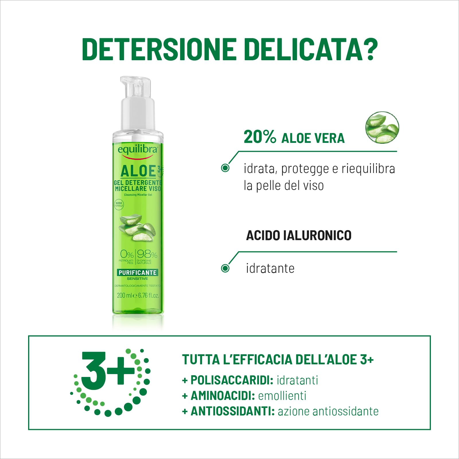 equilibra Viso, Aloe Gel Detergente Micellare Viso, Gel Detergente Viso con Aloe Vera e Aloe 3+ per Pelli Sensibili, Struccante, Rimuove Residui di Make-up e Impurità, Idratante e Tonificante, 200 ml
