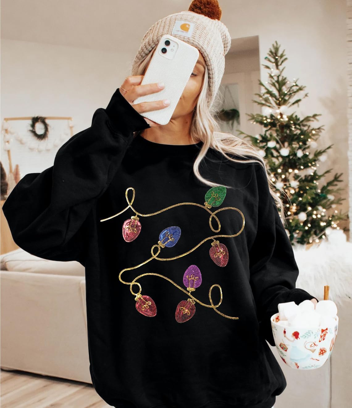 BANGELY Christmas Sequin Sweatshirt Women Christmas Light Sweatshirts Xmas Long Sleeve Shirts Holiday Crewneck Pullover Tops - Image 4