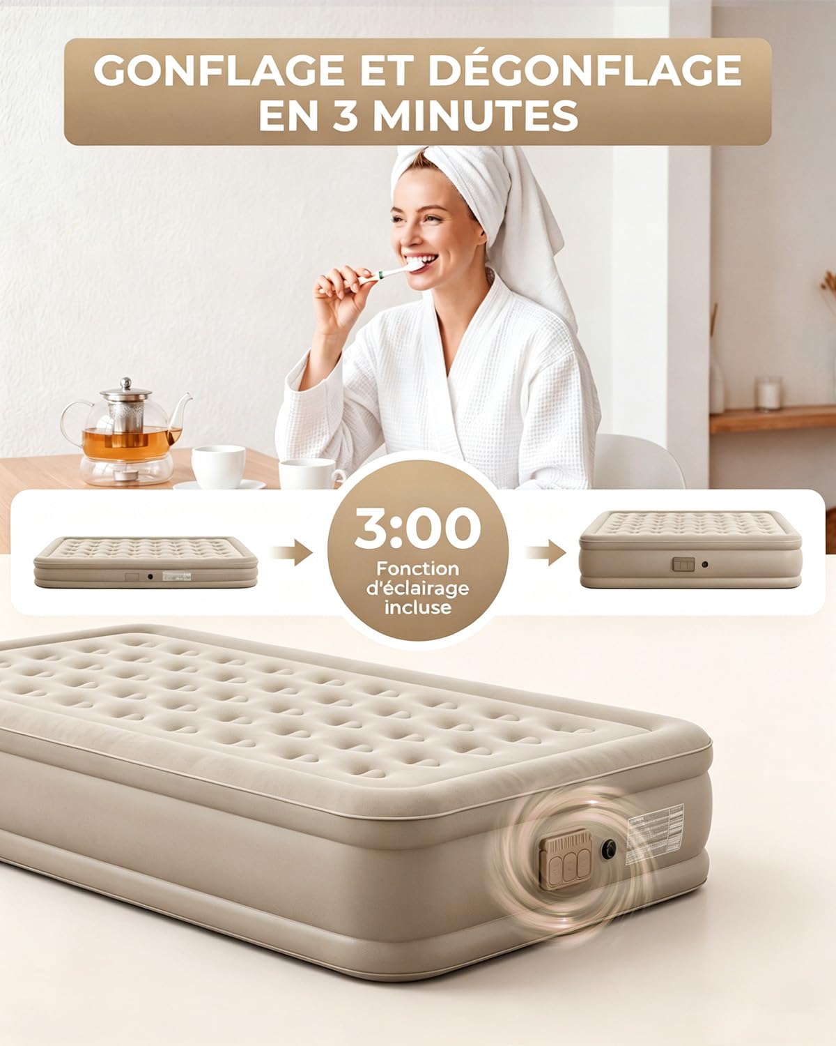 Matelas Gonflable 2 Personnes 203x152x40cm, 40 Chambres d’Air, Surface Floquée Douce, Charge Max 300 kg, Matelas Gonflable avec Sac de Transport et 2 Oreillers, Idéal Invités Maison Camping, Kaki