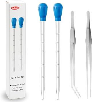 2 Pcs Aquarium Coral Feeder with 2 Pcs Stainless Steel Feeding Long Tweezers Syringe Spot Coral Feeder Reptile Feeding Tools for Aquatic Plant Reef Anemones Lionfish Blue, Silvery