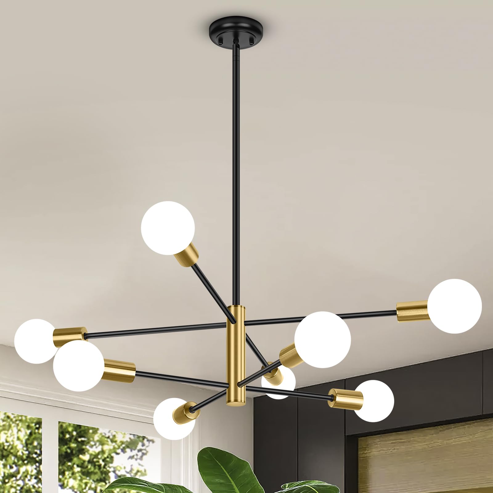BesLowe 31‘’ 8-Light Modern Sputnik Chandelier, Mid Century Black & Gold Chandeliers Lighting, Farmhouse Ceiling Hanging Light Fixture for Dining Room Bedroom Room Kitchen Foyer, Height Adjustable