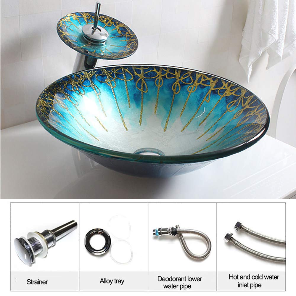 Apenchren B Countertop Asin Sink,Lue And Gold Pattern Glass Vessel Sink,Athroom Countertop Tempered Glass Asin Sink,Tempered Glass Owl Mounted,
