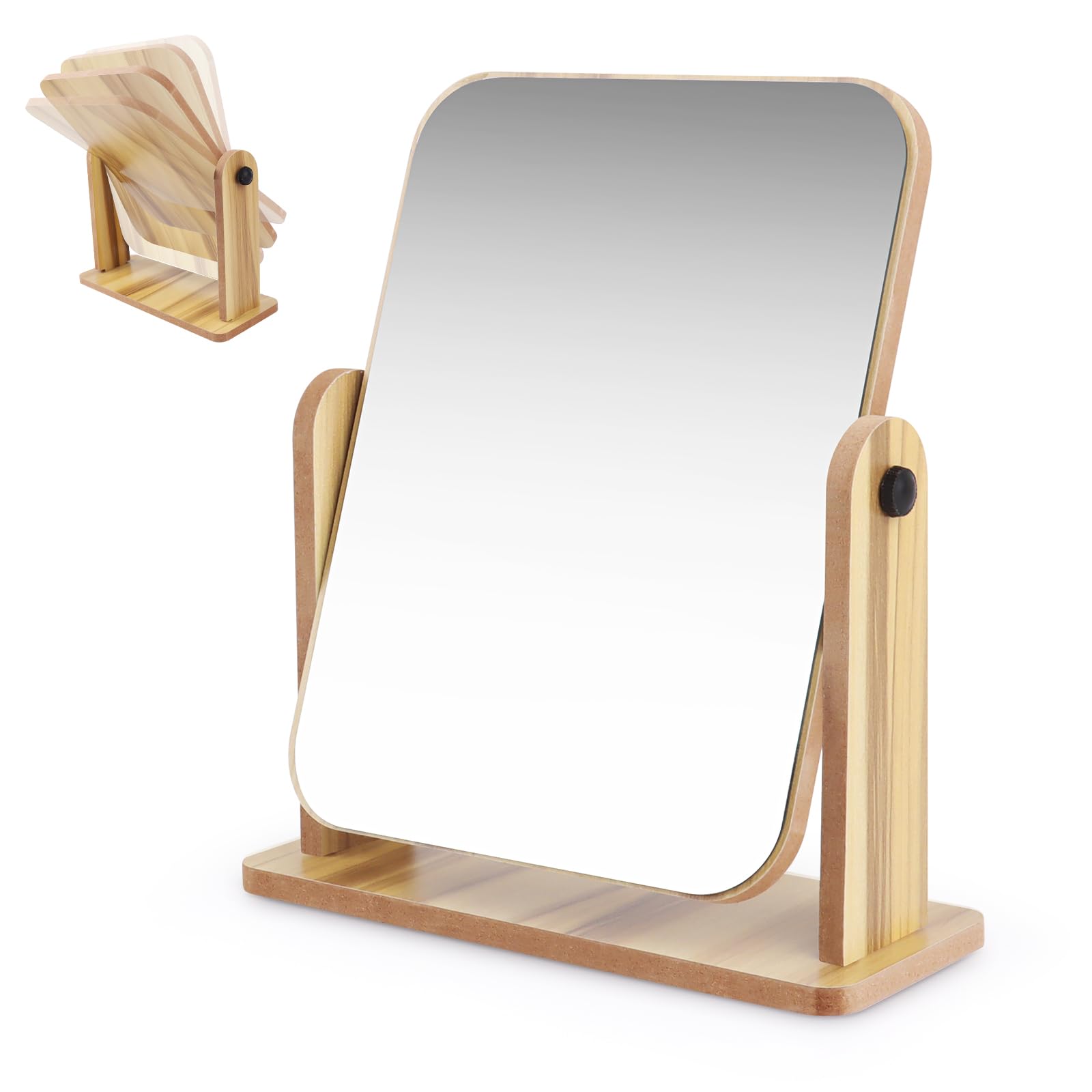 360 Degree Wooden Makeup Mirror Wooden Desk Mirror Dressing Table Mirror Wooden Desktop Makeup Mirror Portable Countertop Bathroom Mirror for Bedroom Bathroom