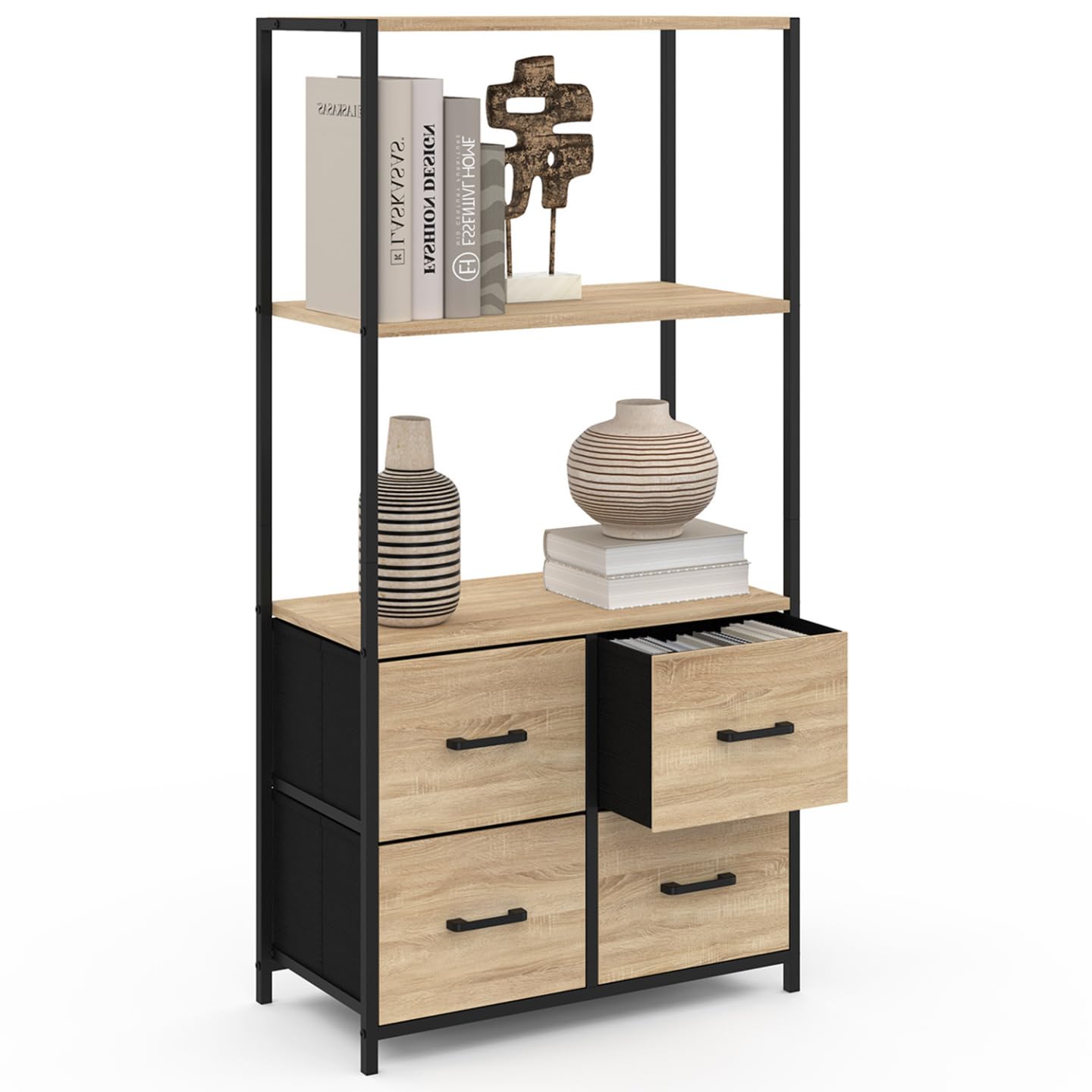 IDMarket - Etagère 3 Niveaux avec 4 tiroirs en Tissu Utah 120 cm Meuble de Rangement Design Industriel