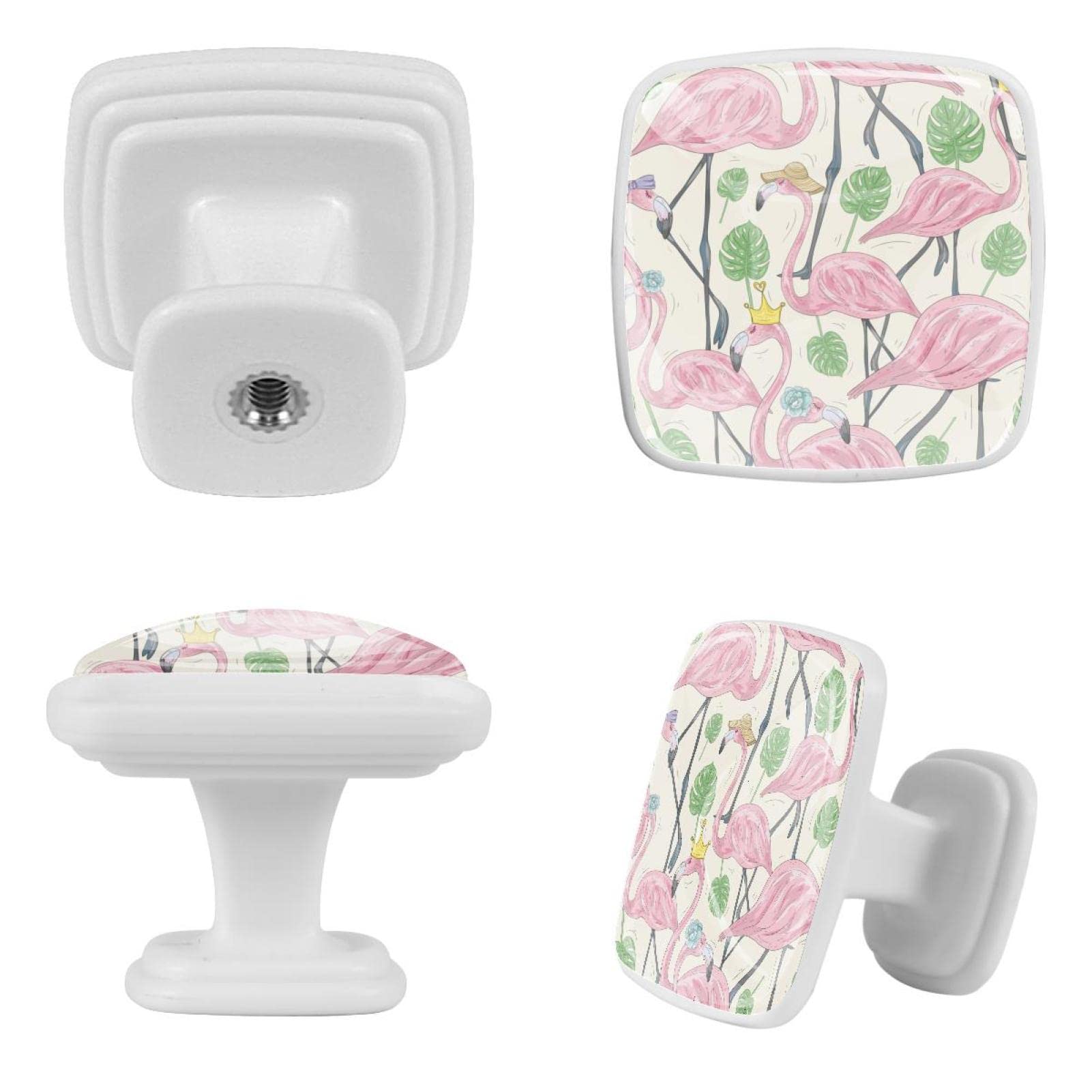 Boutons pour armoires et tiroirs au design tropical monstera et flamant rose