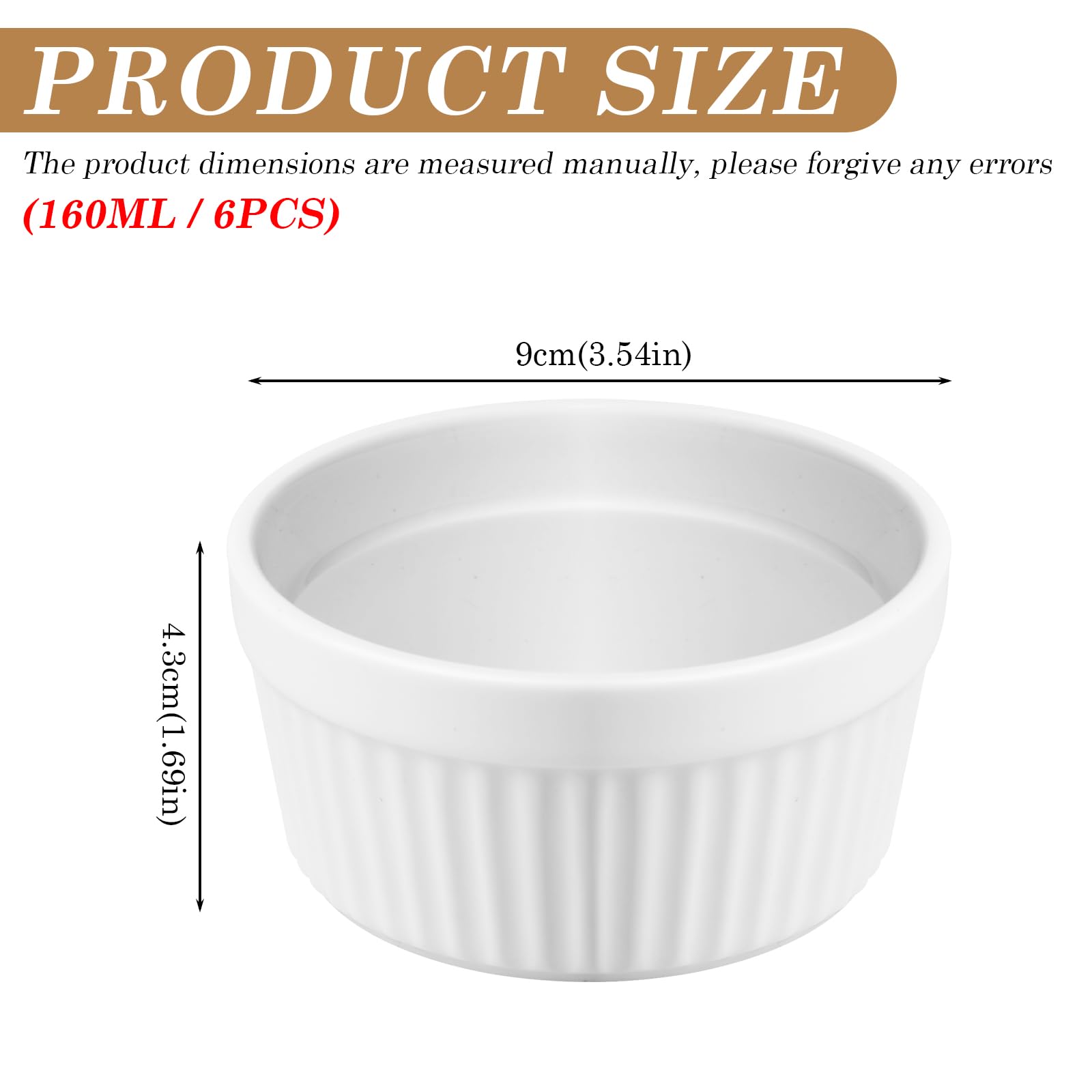Juego de 6 cuencos para soufflé de 160 ml, de cerámica, para souffle, para souffle, postre, para cocina, lavavajillas, diámetro de 9 cm, color blanco