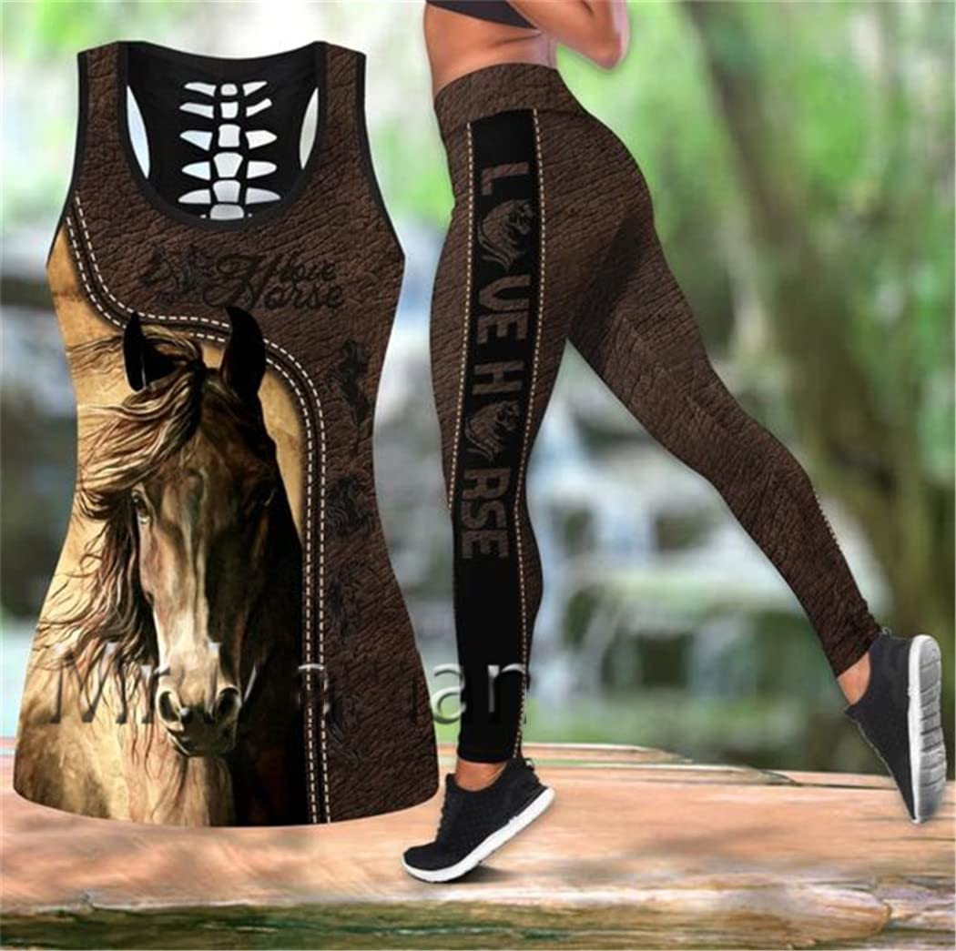 3D gedrucktes Hirsch Liebe Pferd Hohl Tanktop Frauen Sexy Weste Mädchen Tank Tops Yoga Leggings Set, 04, 42