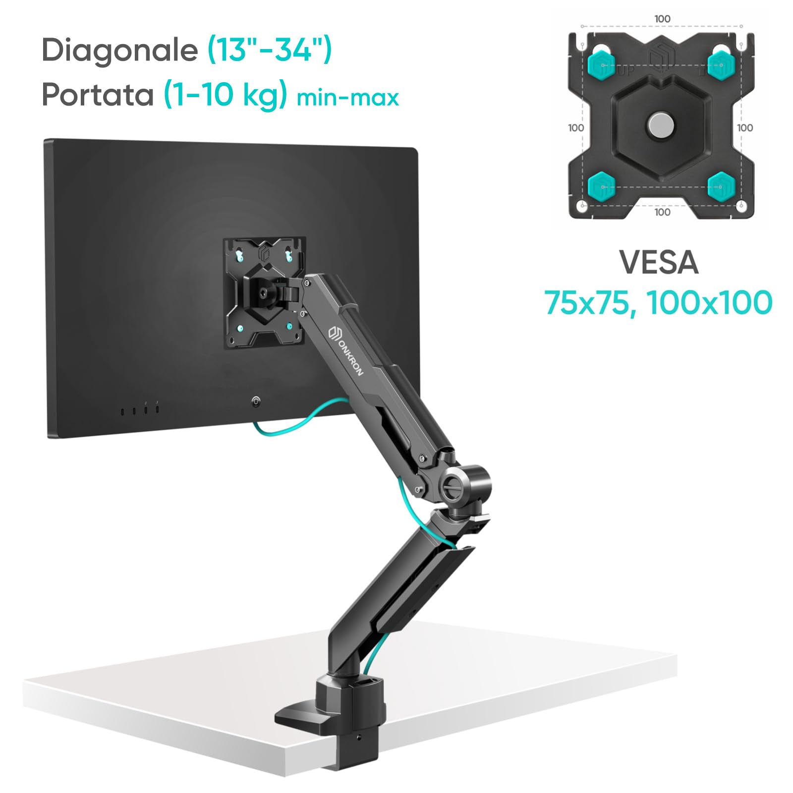 ONKRON Supporto Monitor Scrivania 13"-34", fino a 10 kg, Braccio Monitor VESA 75x75-100x100 mm, Supporto Schermo PC Scrivania Girevole e Inclinabile, Regolabile in Altezza, Nero G90-B
