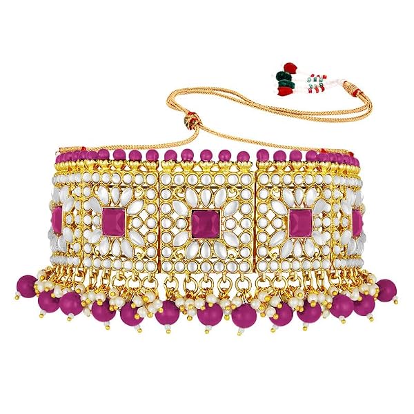 Aheli Bridal Kundan Faux Pearl Choker Necklace with Earrings Maang Tikka for Women Girls Indian Traditional Bollywood Fashion Jewelry Set Rani Pink by Aheli - Used condition - Image 9