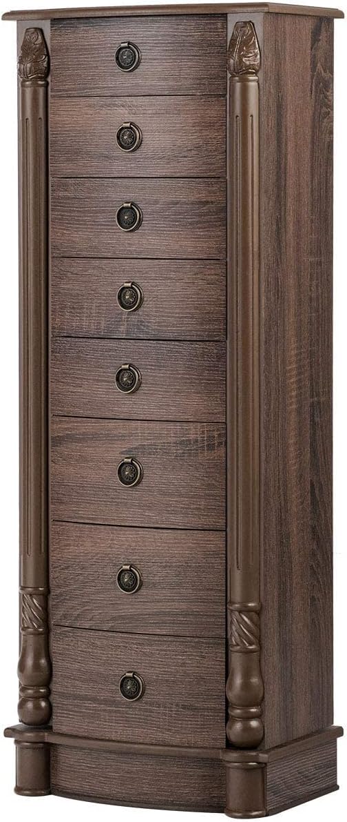 CHARMAID Large Standing Jewelry Armoire Cabinet Chest with 7 Drawers, 2 Side Swing Door with 12 Necklace Hooks, Jewelry Box Storage Organizer with Top Flip Mirror, Retro Standing Wood Jewelry Cabinet