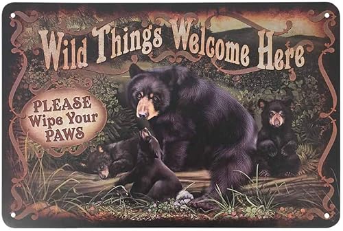 AOYEGO Letrero de lata de oso de Wild Things con texto en inglés Bear in The Forest Welcome Here Please Wipe Your Paws (Welcome Here Please Wipe