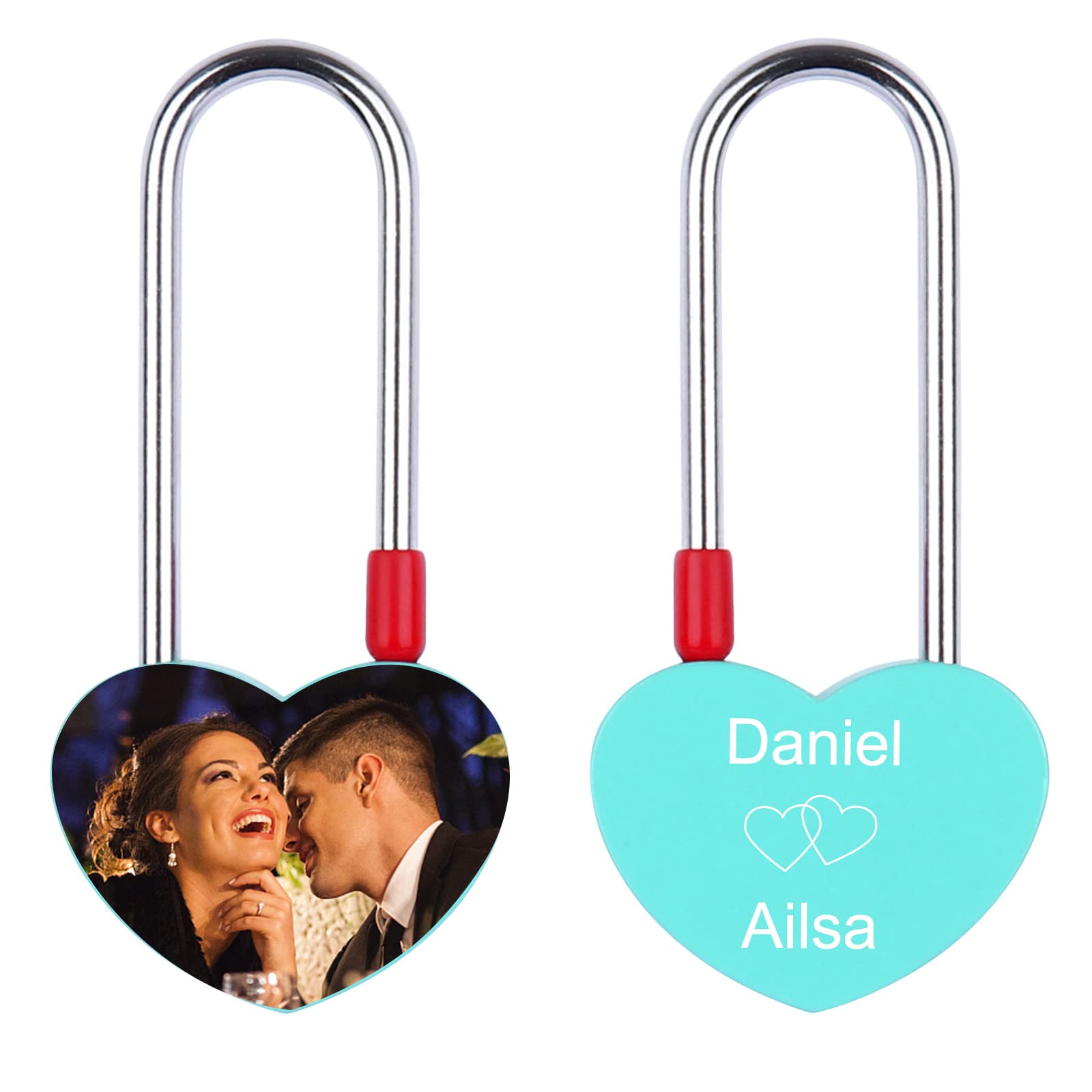 Personalized Love Heart Lock, Valentines Day Gifts, Customized Photo Engraving Lock, for Couples Boyfriend Girlfriend Lover (Cyan)