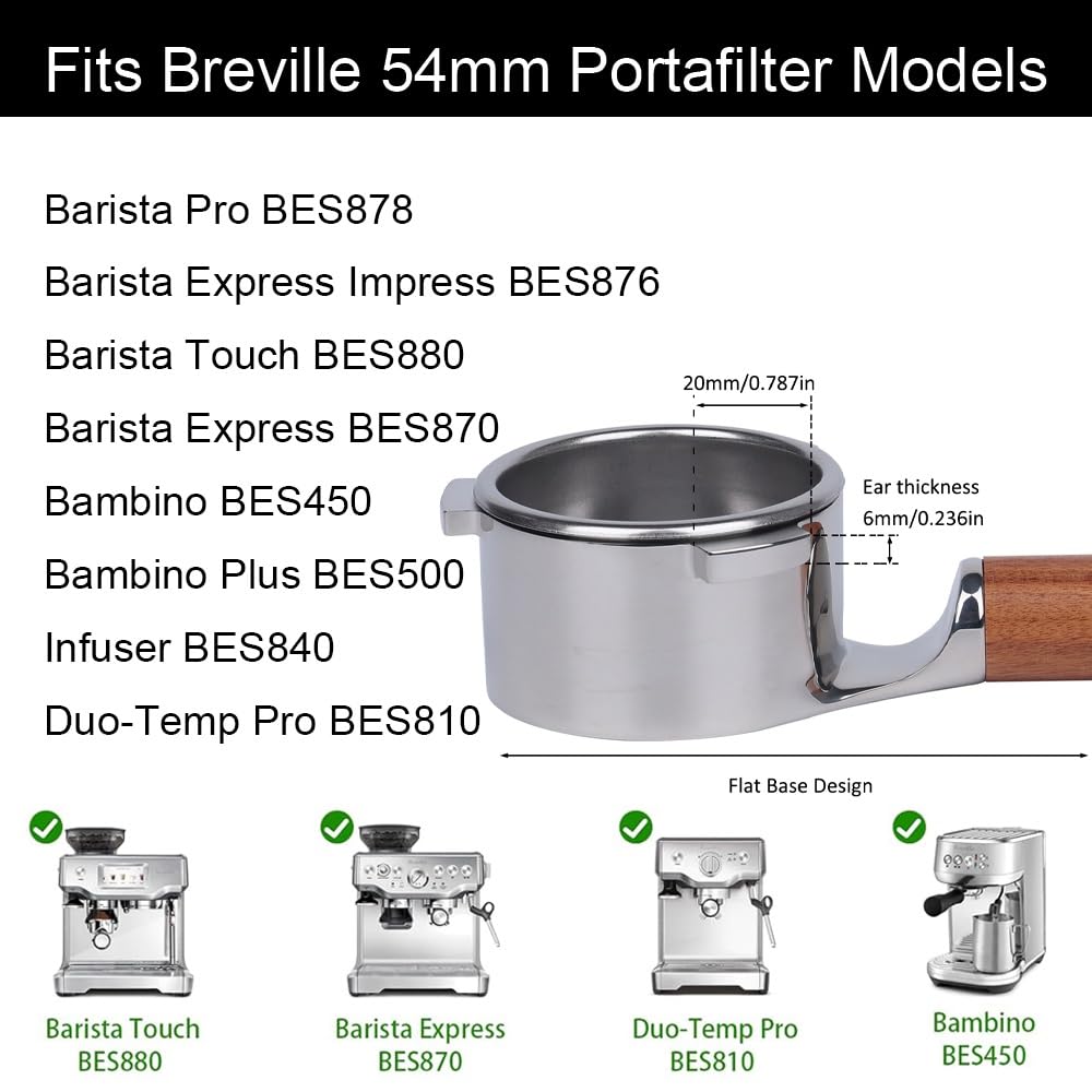 CAPFEI Portafiltro sin fondo de 54 mm plano, compatible con Sage/Breville Barista Express, Pro, Touch, and Impress | Mango de madera