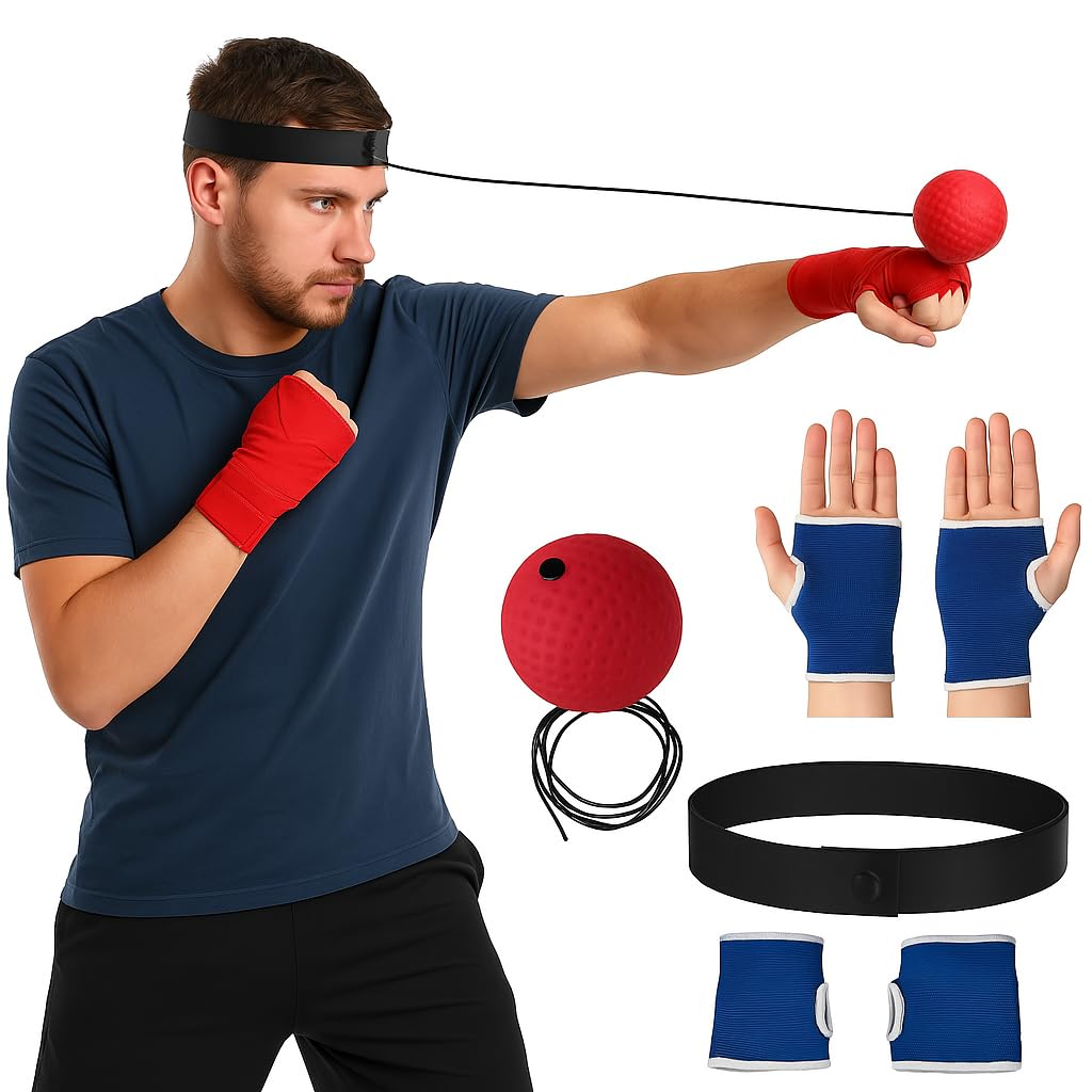 Boxing Reflex Ball with Adjustable Headband & Hand Gloves – Speed Punch Training Ball for Adults & Kids – Hand Eye Coordination Trainer – Home Workout Boxing Kit – MMA Fitness Equipment