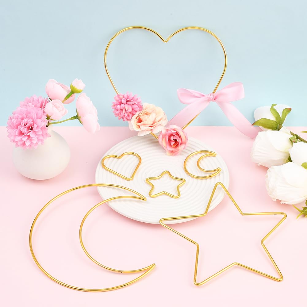 Lot de 6 Anneaux Attrape Rêves en Métal Doré en Forme D'Étoile de Lune et de Cœur pour Loisirs Créatifs Décoration Murale Couronne Mariage Noël Cadeaux pour Débutants