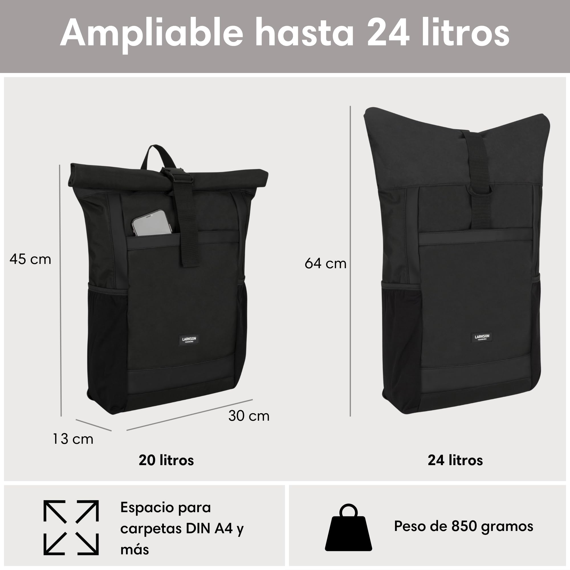 LARKSON Mochila Enrollable Hombre & Mujer Negro - No 2 - Macuto para Viaje, Uni, Trabajo - de Botellas Pet Recicladas - Bolso para Portátil 16 Pulgadas - Impermeable
