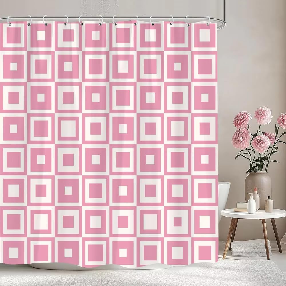 Cortina de Ducha 200x200 Cuadros Rosa,Verde,Gris y Blanco,Estilo Rústico Moderno,Impermeable con Ganchos para decoración de Baño de Casa y Hotel,200Anx200Al cm (1 Panel).