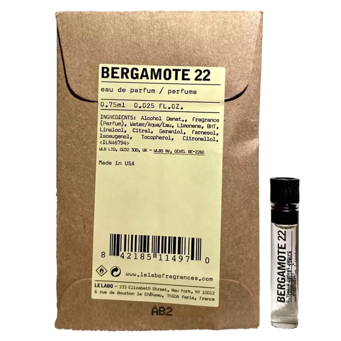 Le Labo BERGAMOTE 22 UNISEX Perfume EDP Vial 0.75 ml / 0.025 oz - (ONE SAMPLE VIAL PER ORDER) 4970