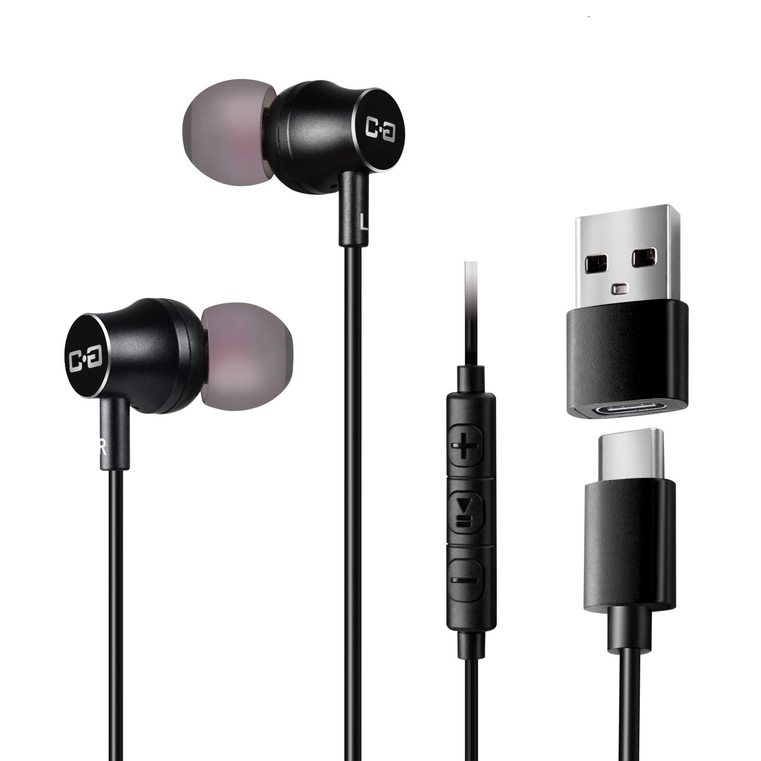 USB-C Earbuds, Compatible with Samsung, Google, OnePlus, iPhone 15/16 Smartphones, with USB Adapter for Laptop/PC, Mac, Advanced DAC Sound Card, Clear